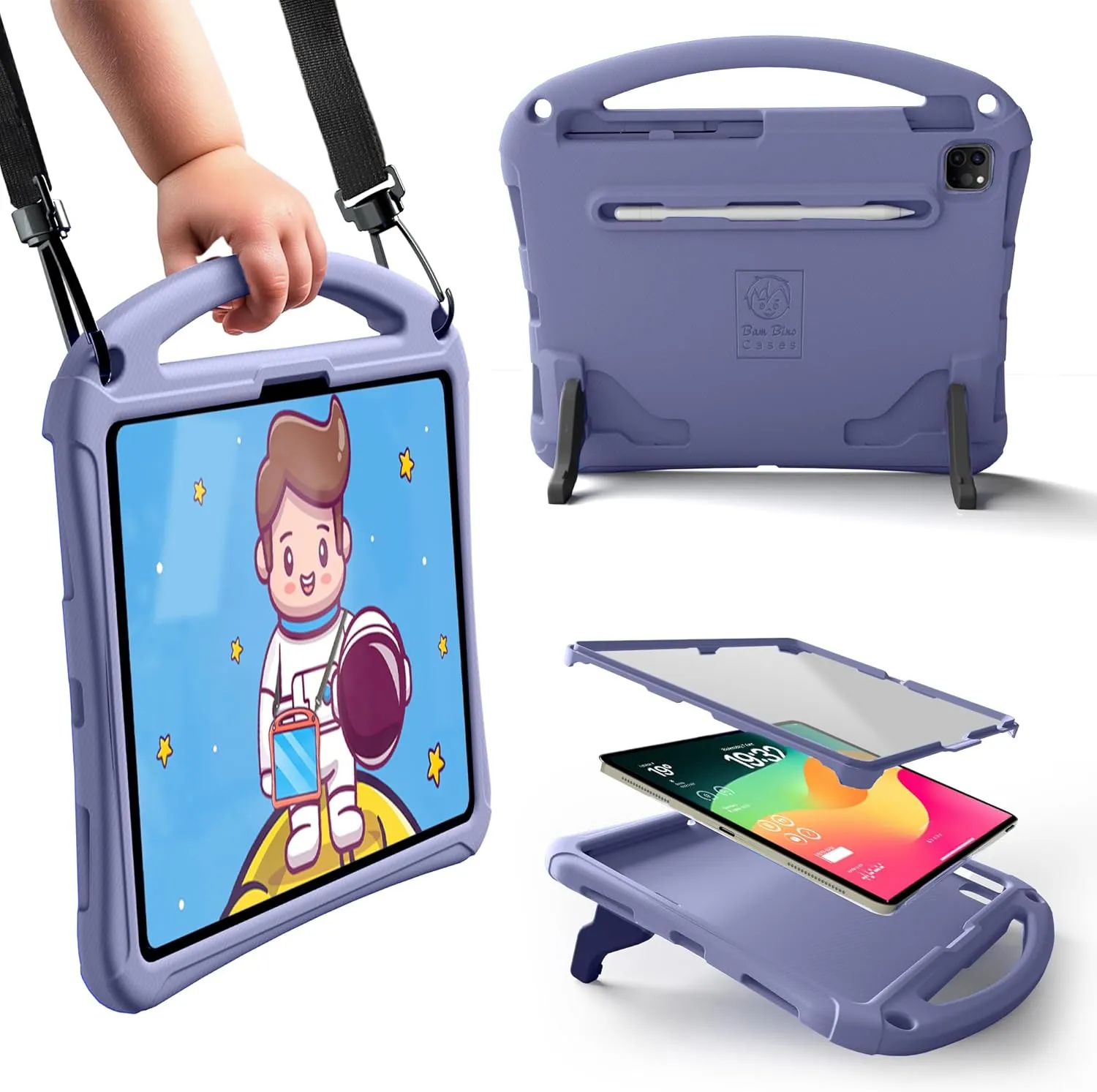 Bam Bino Space Suit Rugged Kids Case for Apple iPad Pro 13 M4, iPad Air 13 M2/M3 (2024/2025) Case for Kids with Built-in Screen Protector, Handle, Stand, Pencil Holder, Shoulder Strap (Nebula Violet)