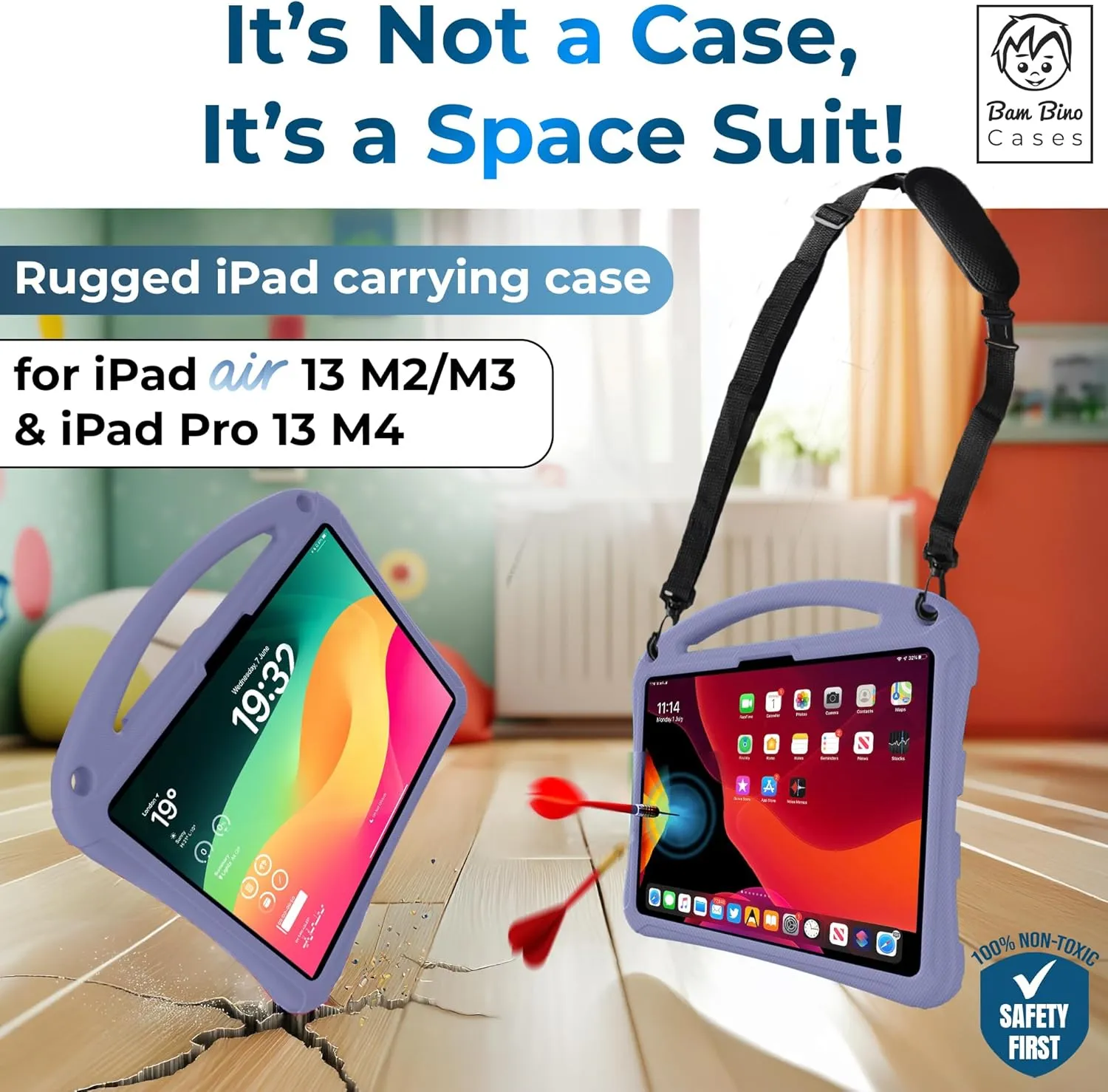 Bam Bino Space Suit Rugged Kids Case for Apple iPad Pro 13 M4, iPad Air 13 M2/M3 (2024/2025) Case for Kids with Built-in Screen Protector, Handle, Stand, Pencil Holder, Shoulder Strap (Nebula Violet)
