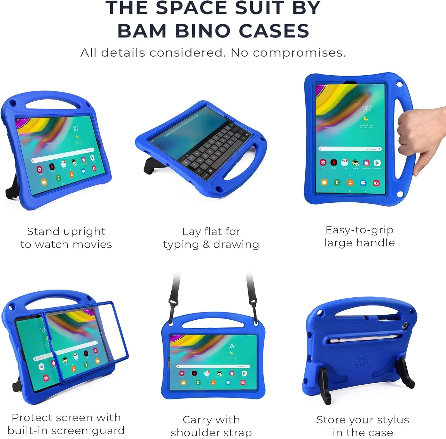 Bam Bino Space Suit Rugged Kids Case for Samsung Galaxy Tab S5e 10.5, Designed in Australia for Children, Built-in Screen Protector, Handle, Stand, Pencil Holder, Shoulder Strap (Galactic Blue)