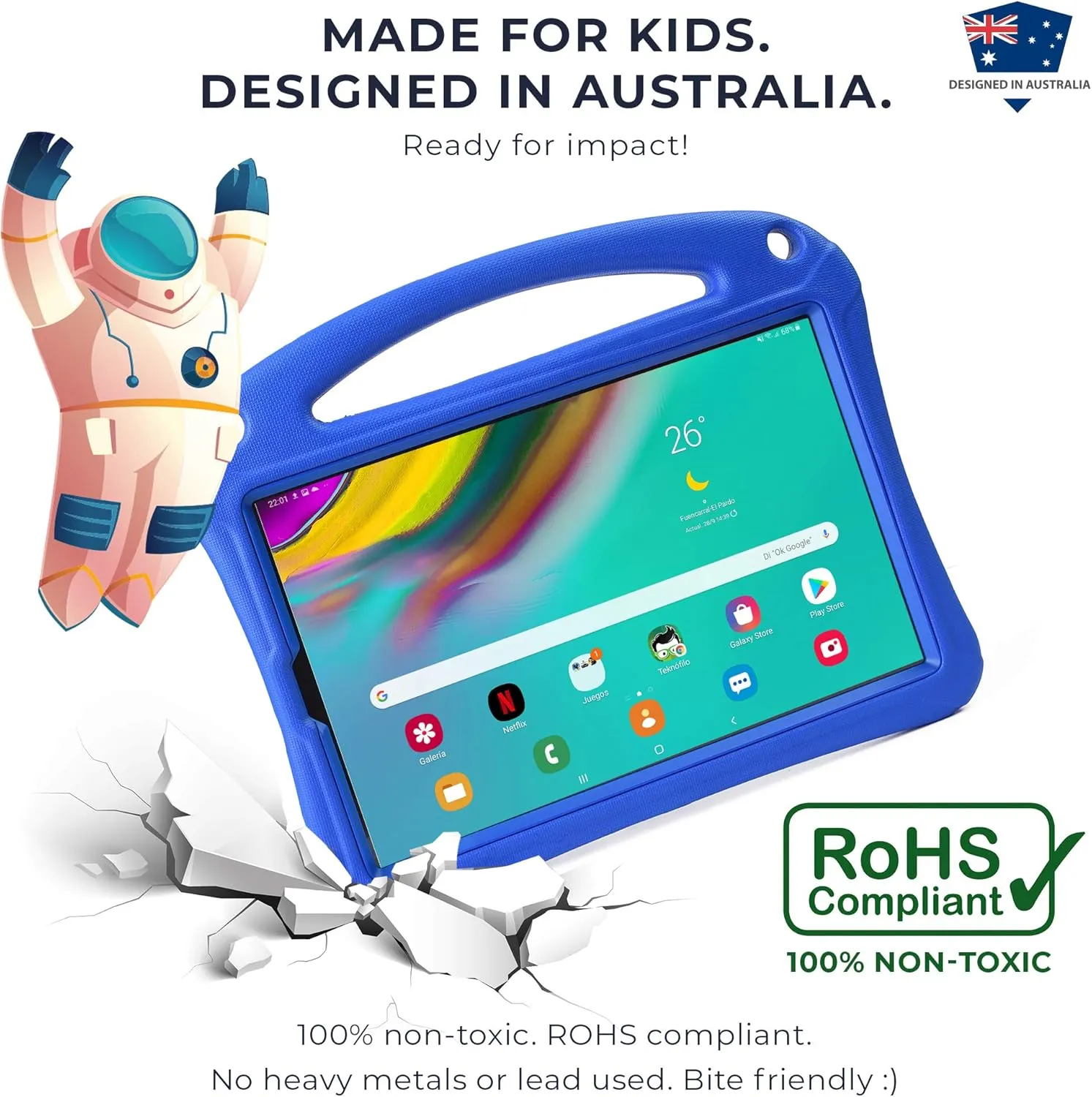 Bam Bino Space Suit Rugged Kids Case for Samsung Galaxy Tab S5e 10.5, Designed in Australia for Children, Built-in Screen Protector, Handle, Stand, Pencil Holder, Shoulder Strap (Galactic Blue)