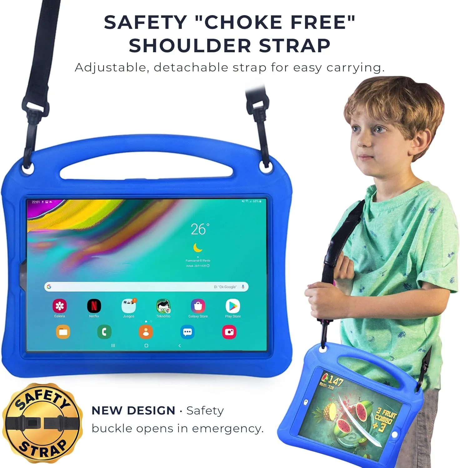 Bam Bino Space Suit Rugged Kids Case for Samsung Galaxy Tab S5e 10.5, Designed in Australia for Children, Built-in Screen Protector, Handle, Stand, Pencil Holder, Shoulder Strap (Galactic Blue)
