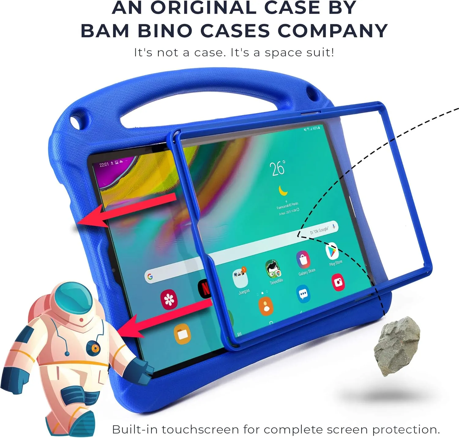 Bam Bino Space Suit Rugged Kids Case for Samsung Galaxy Tab S5e 10.5, Designed in Australia for Children, Built-in Screen Protector, Handle, Stand, Pencil Holder, Shoulder Strap (Galactic Blue)