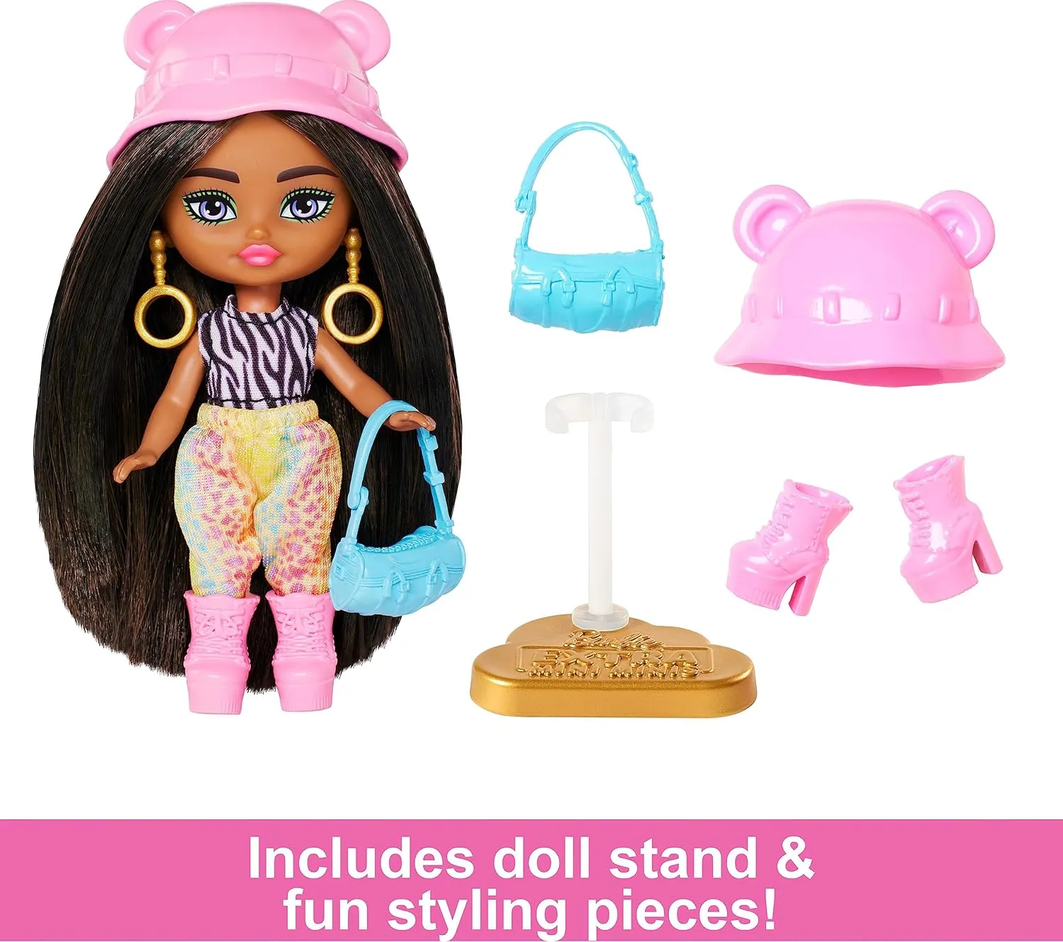 Barbie Extra Mini Minis Travel Doll with Brunette Hair, Zebra-Print Hoodie, Leopard-Print Joggers & Safari Accessories, 3.25-inch