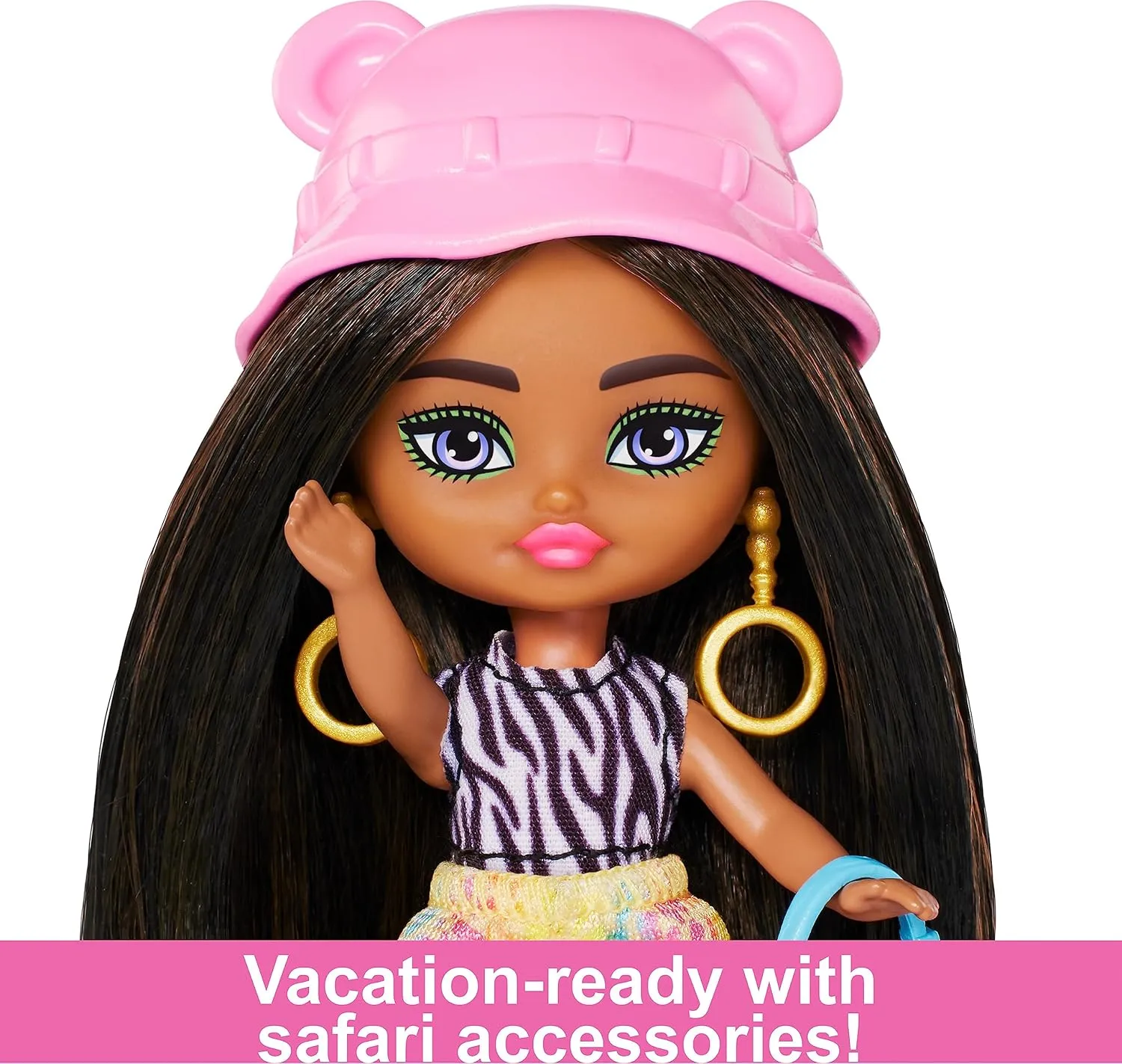 Barbie Extra Mini Minis Travel Doll with Brunette Hair, Zebra-Print Hoodie, Leopard-Print Joggers & Safari Accessories, 3.25-inch