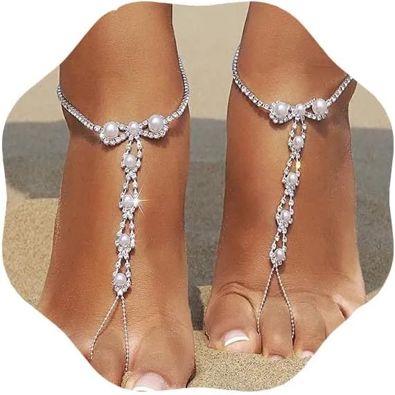Barefoot Anklet Sandals Rhinestone Pearl Barefoot Sandals Boho Pearl Barefoot Sandals Anklet Beach Wedding Ring Foot Chain Accessories for Women
