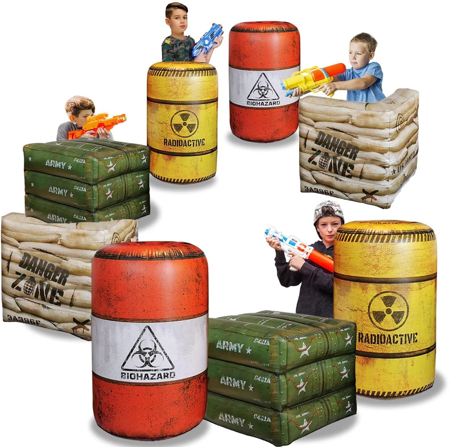 Barrels Inflatables Set, Combat Battlefield Compatible with Nerf, Laser tag, Water Gun, Dart Gun, Perfect for Boys and Girls Birthday Activities, Suitable fot Kids and Adults