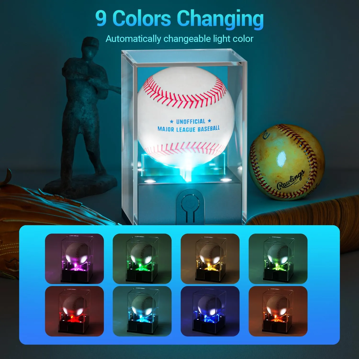 Baseball Display Case with Led Light, Acrylic Baseball Case for Display, Light up Baseball Holder Display Case, UV Protected Baseball Clear Display Case for Memorabilia Baseball Golf(2PCS)