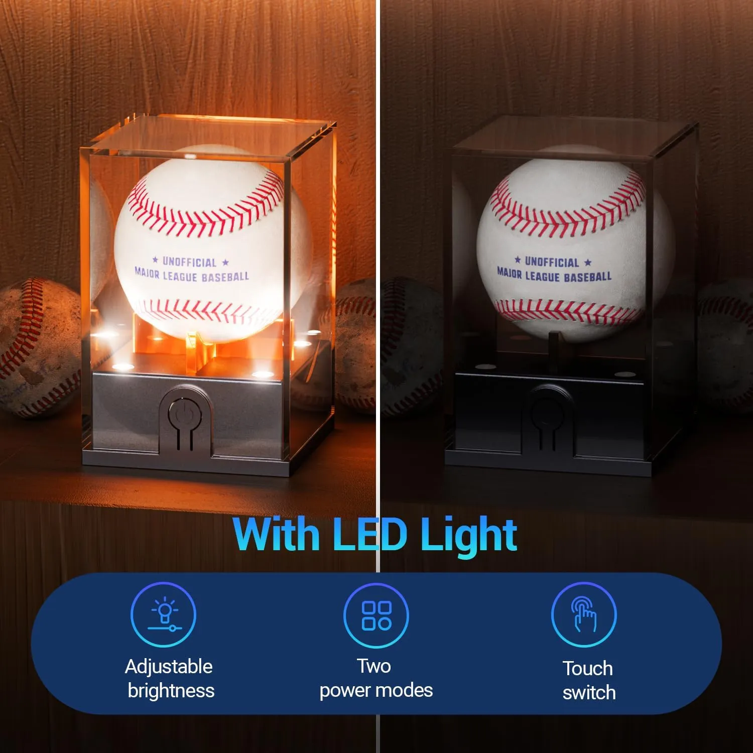 Baseball Display Case with Led Light, Acrylic Baseball Case for Display, Light up Baseball Holder Display Case, UV Protected Baseball Clear Display Case for Memorabilia Baseball Golf(2PCS)