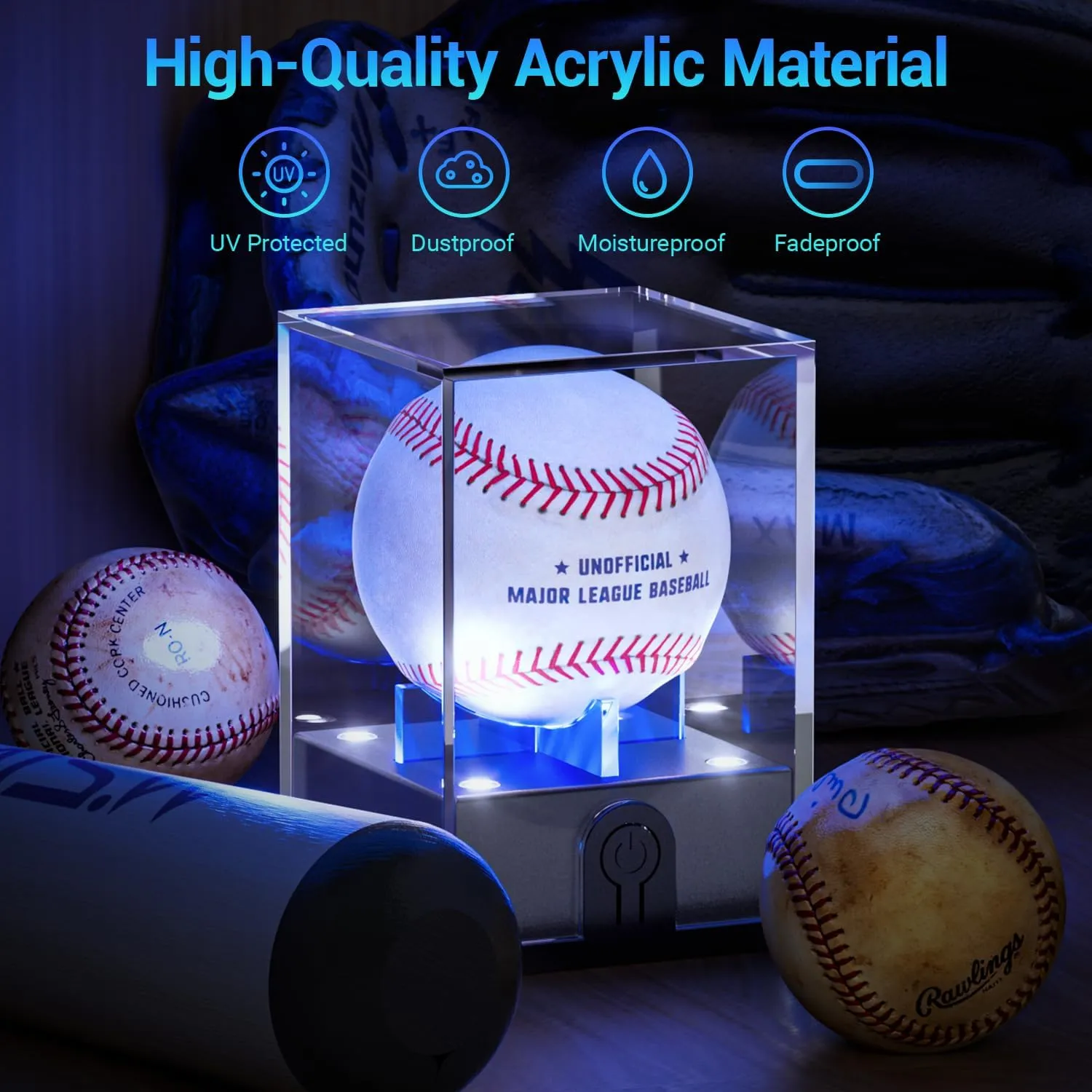 Baseball Display Case with Led Light, Acrylic Baseball Case for Display, Light up Baseball Holder Display Case, UV Protected Baseball Clear Display Case for Memorabilia Baseball Golf(2PCS)