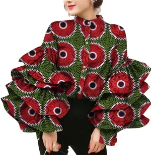 BAZINRICHE Women African Print Long Sleeves Top Shirt Dashiki Square Collar Shirts Ankara Clothing