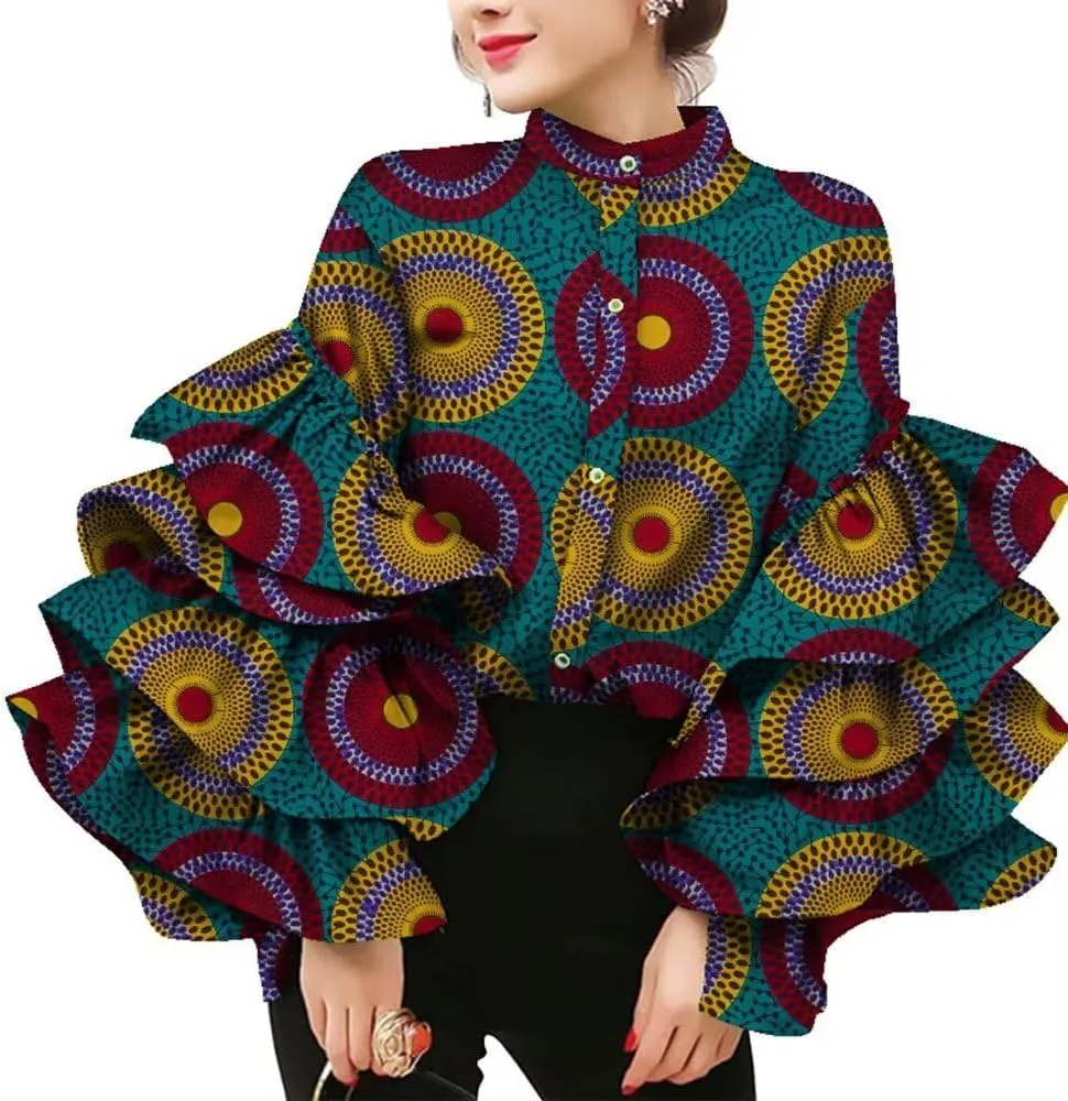 BAZINRICHE Women African Print Long Sleeves Top Shirt Dashiki Square Collar Shirts Ankara Clothing