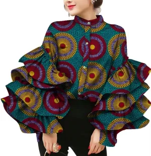 BAZINRICHE Women African Print Long Sleeves Top Shirt Dashiki Square Collar Shirts Ankara Clothing