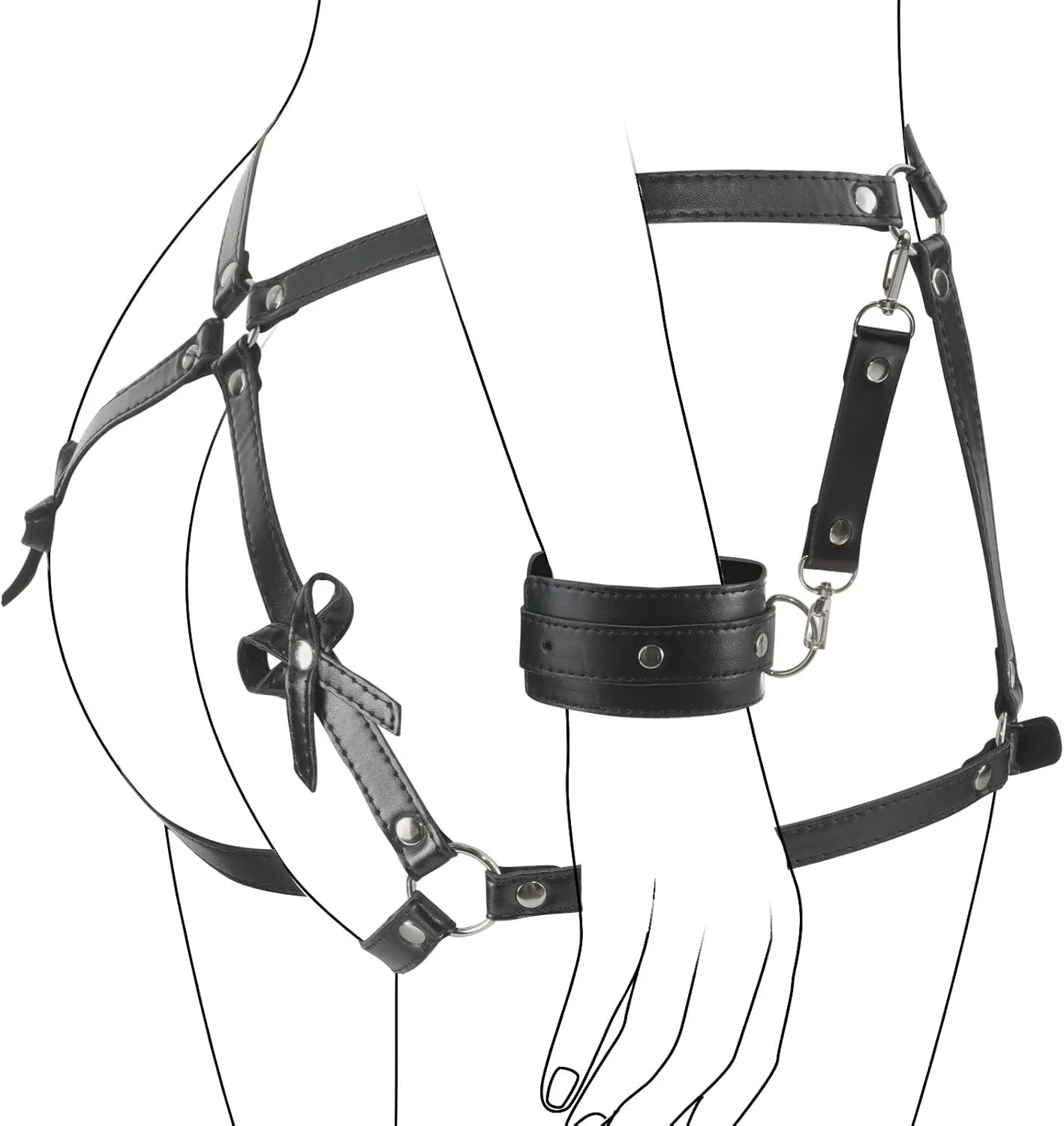 BDSM Body Harness, Bondage Restraints Kit with Wrists Cuffs Thigh Waist Sex Straps, SM Cortex Set for Women Couple