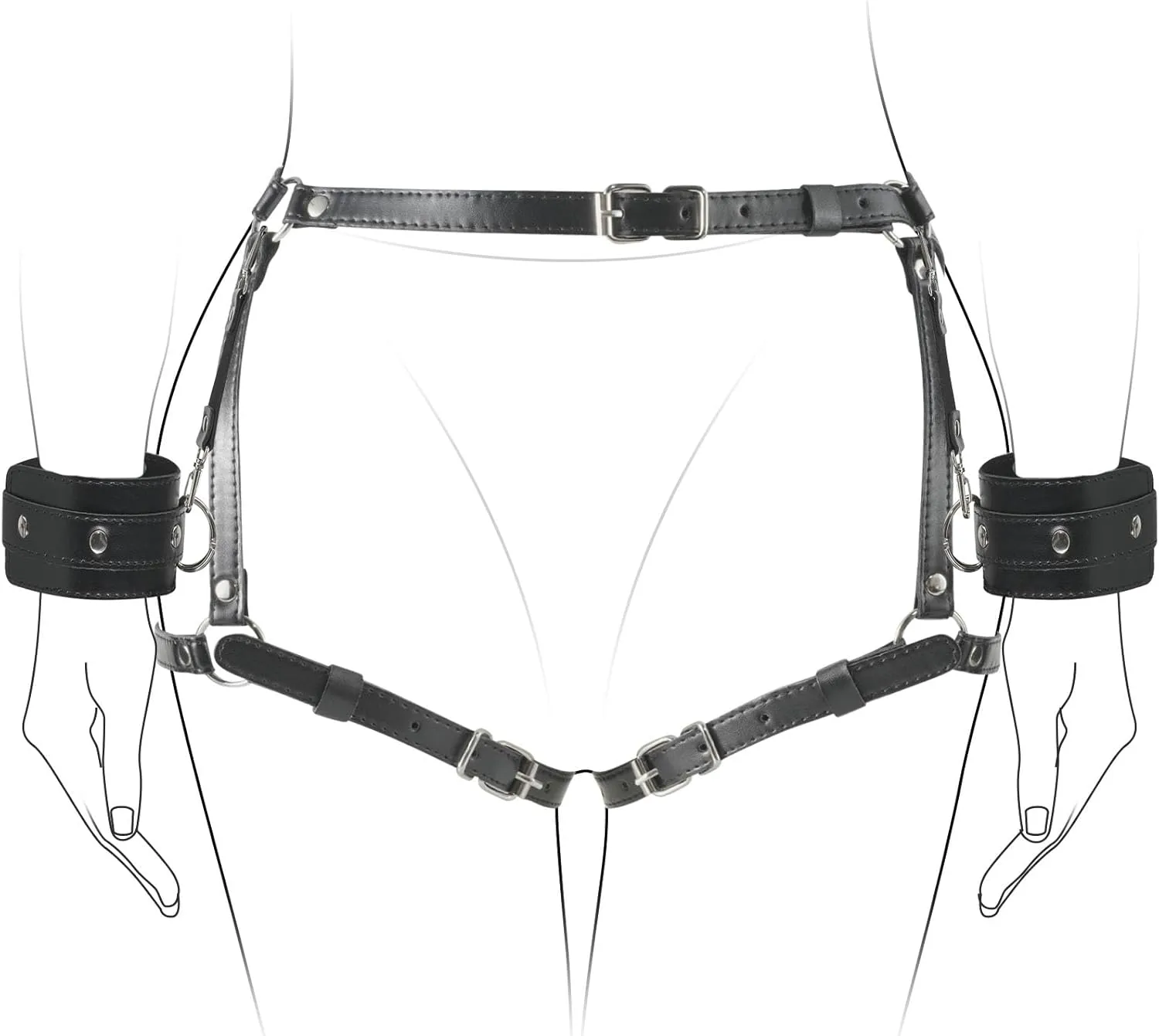 BDSM Body Harness, Bondage Restraints Kit with Wrists Cuffs Thigh Waist Sex Straps, SM Cortex Set for Women Couple