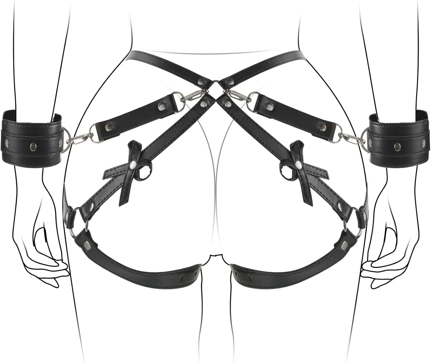 BDSM Body Harness, Bondage Restraints Kit with Wrists Cuffs Thigh Waist Sex Straps, SM Cortex Set for Women Couple
