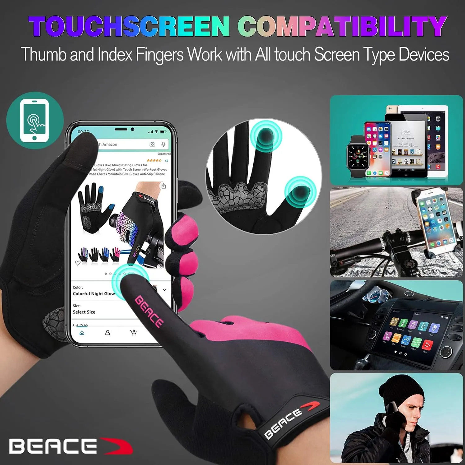 BEACE Cycling Gloves Bike Gloves Biking Gloves for Women(Colorful Night Glow) with Touch Screen-Workout Gloves Full Finger Road Gloves Mountain Bike Gloves Anti-Slip Silicone Palm