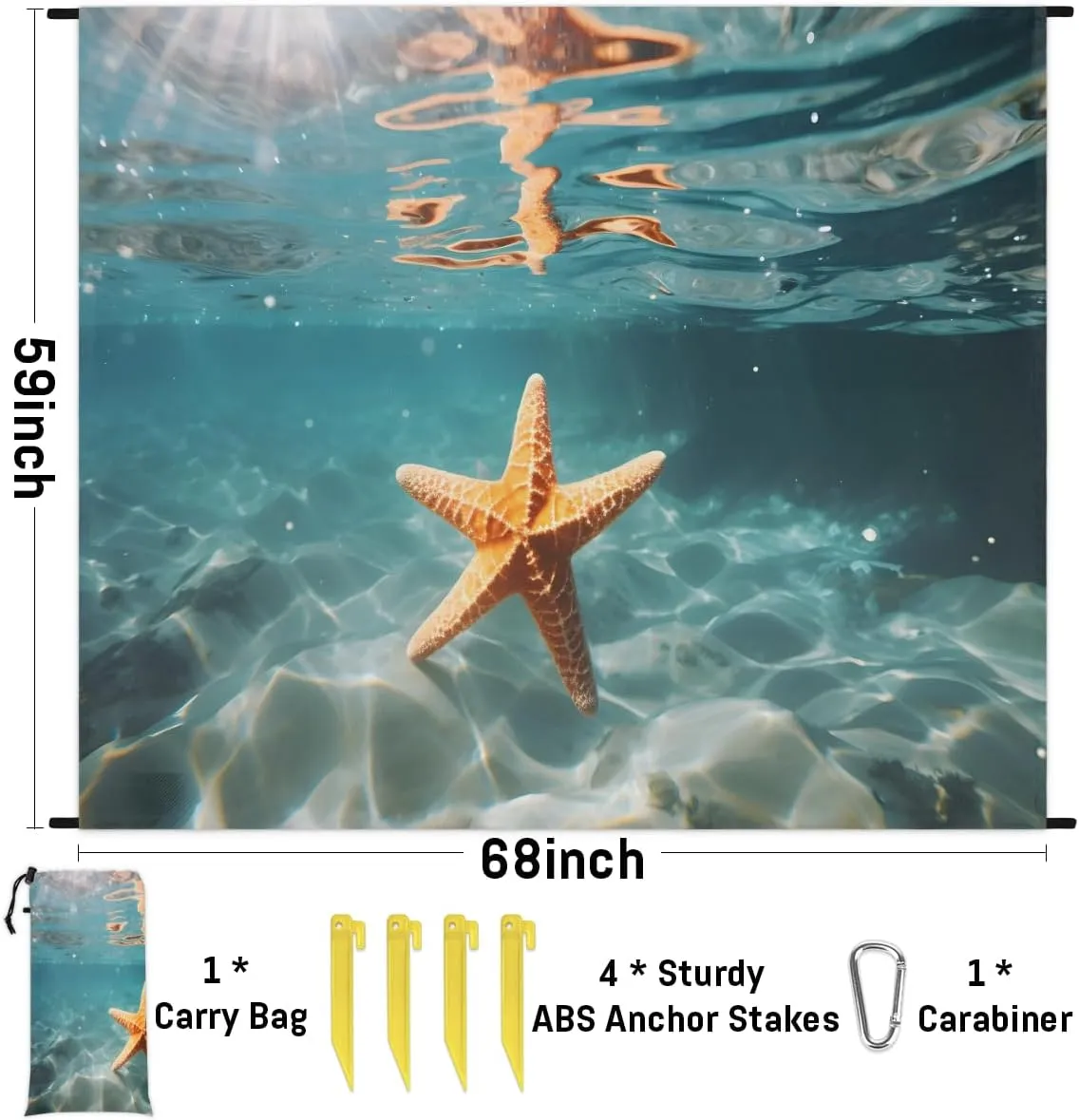 Beach Blanket, Beach Sandproof Beach Mat, Waterproof Quick Drying Sand Free Mat with 4 x Ground Spikes for Outdoor Travel Camping Hiking, Starfish 68 x 59 in