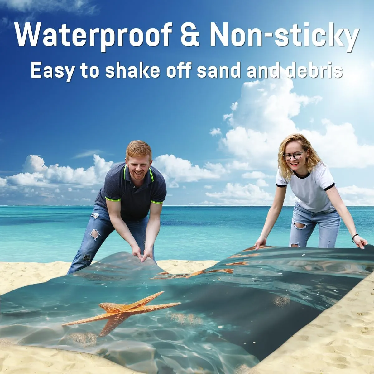 Beach Blanket, Beach Sandproof Beach Mat, Waterproof Quick Drying Sand Free Mat with 4 x Ground Spikes for Outdoor Travel Camping Hiking, Starfish 68 x 59 in