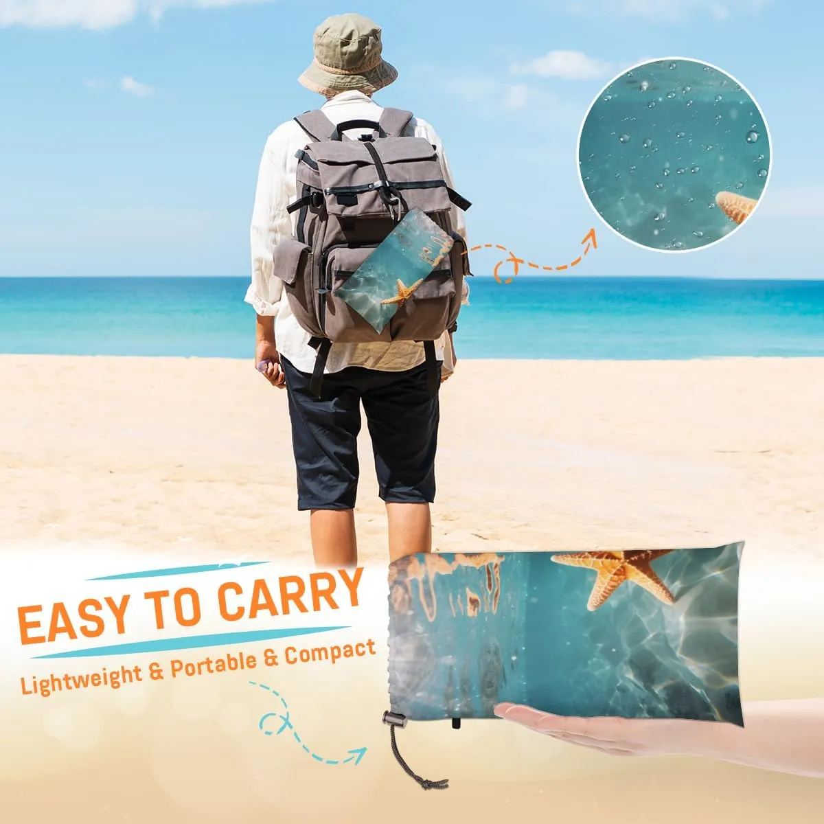 Beach Blanket, Beach Sandproof Beach Mat, Waterproof Quick Drying Sand Free Mat with 4 x Ground Spikes for Outdoor Travel Camping Hiking, Starfish 68 x 59 in