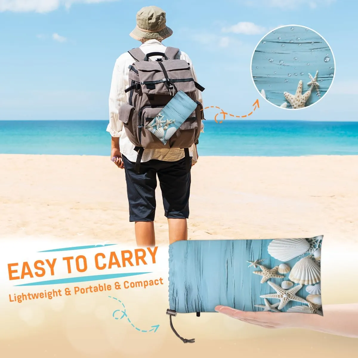 Beach Blanket, Coral Seashell Starfish Sandproof Beach Mat, Waterproof Quick Drying Sand Free Mat with 4 x Ground Spikes for Outdoor Travel Camping Hiking, Beach 68 x 59 in