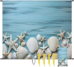 Beach Blanket, Coral Seashell Starfish Sandproof Beach Mat, Waterproof Quick Drying Sand Free Mat with 4 x Ground Spikes for Outdoor Travel Camping Hiking, Beach 68 x 59 in