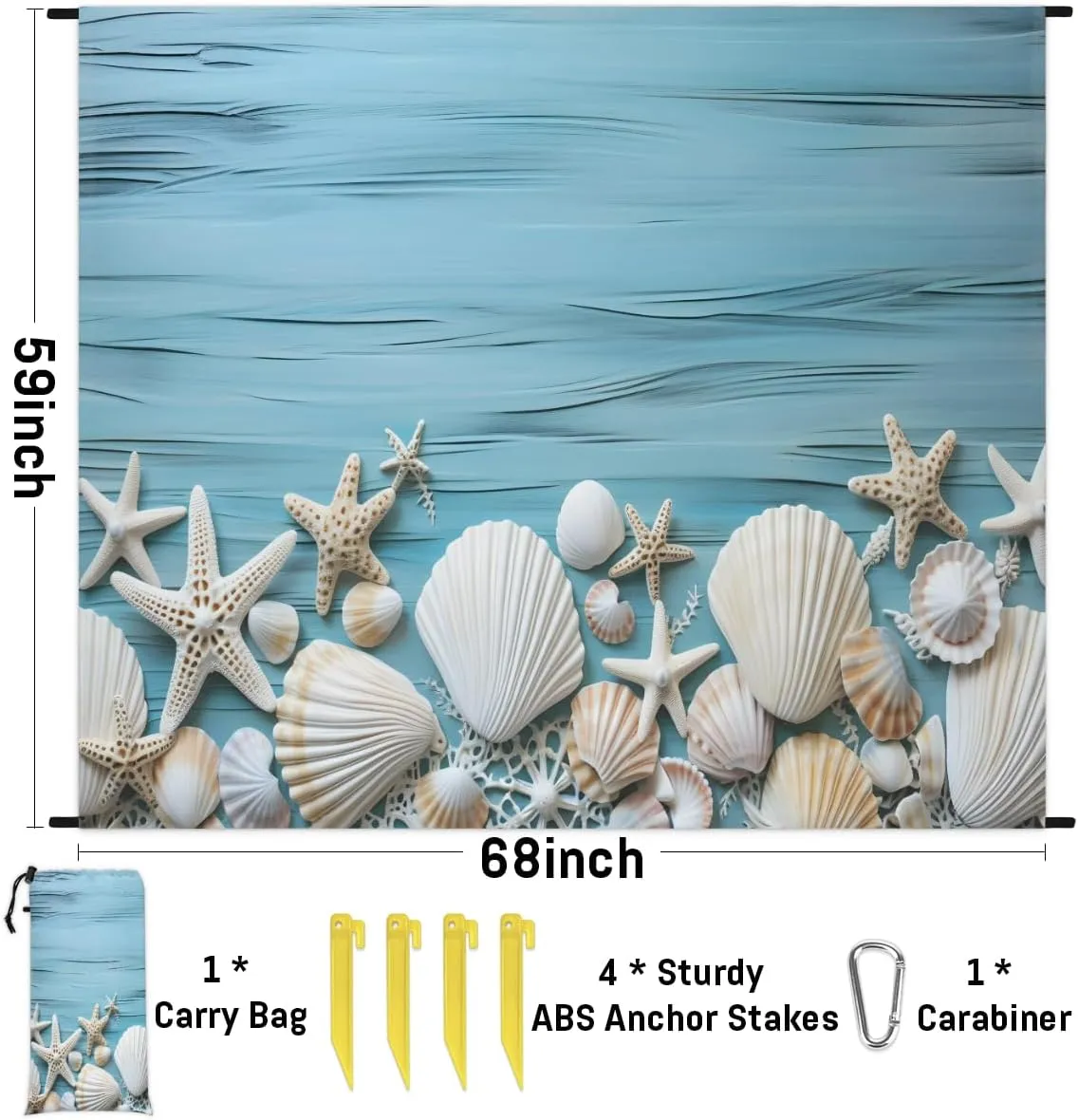 Beach Blanket, Coral Seashell Starfish Sandproof Beach Mat, Waterproof Quick Drying Sand Free Mat with 4 x Ground Spikes for Outdoor Travel Camping Hiking, Beach 68 x 59 in