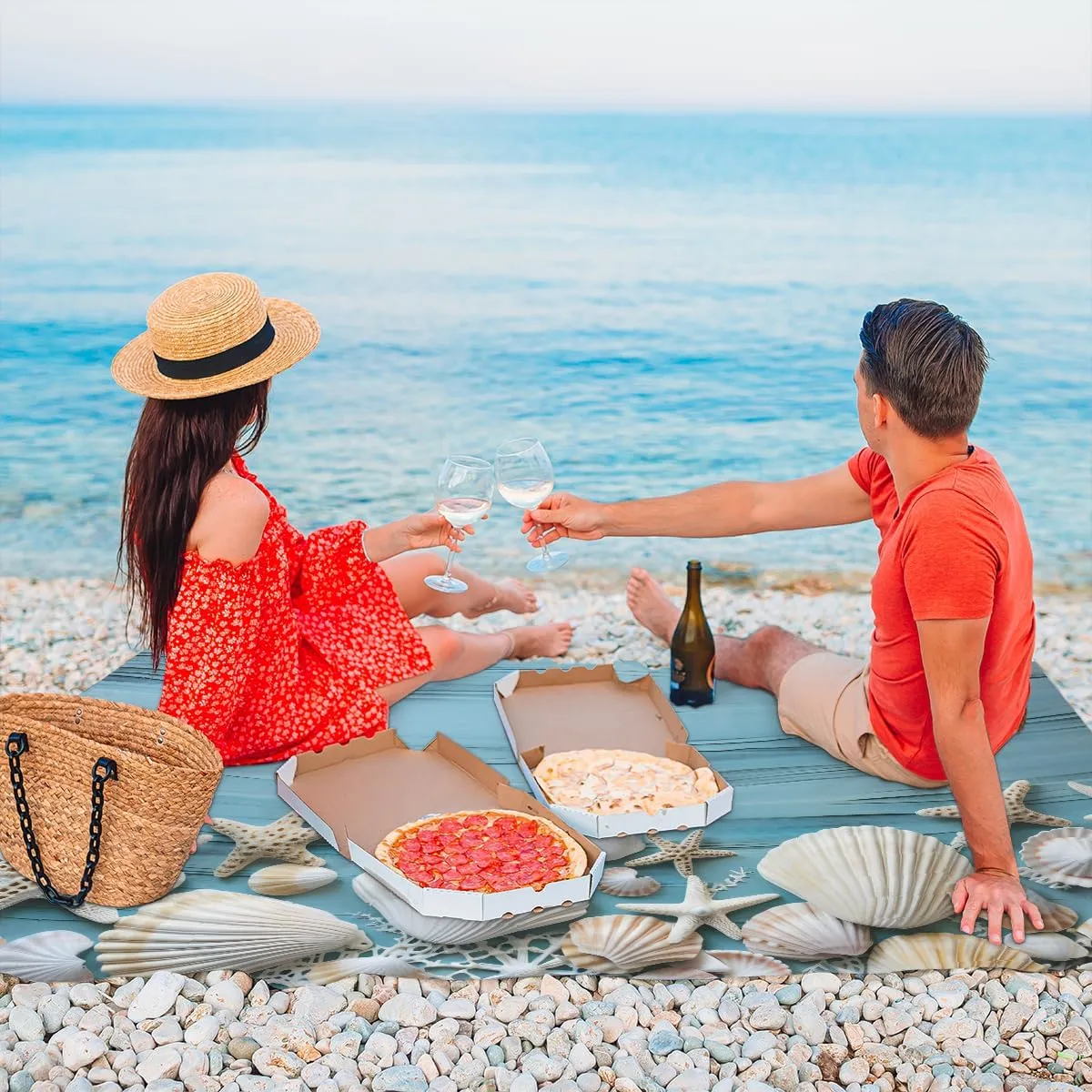 Beach Blanket, Coral Seashell Starfish Sandproof Beach Mat, Waterproof Quick Drying Sand Free Mat with 4 x Ground Spikes for Outdoor Travel Camping Hiking, Beach 68 x 59 in