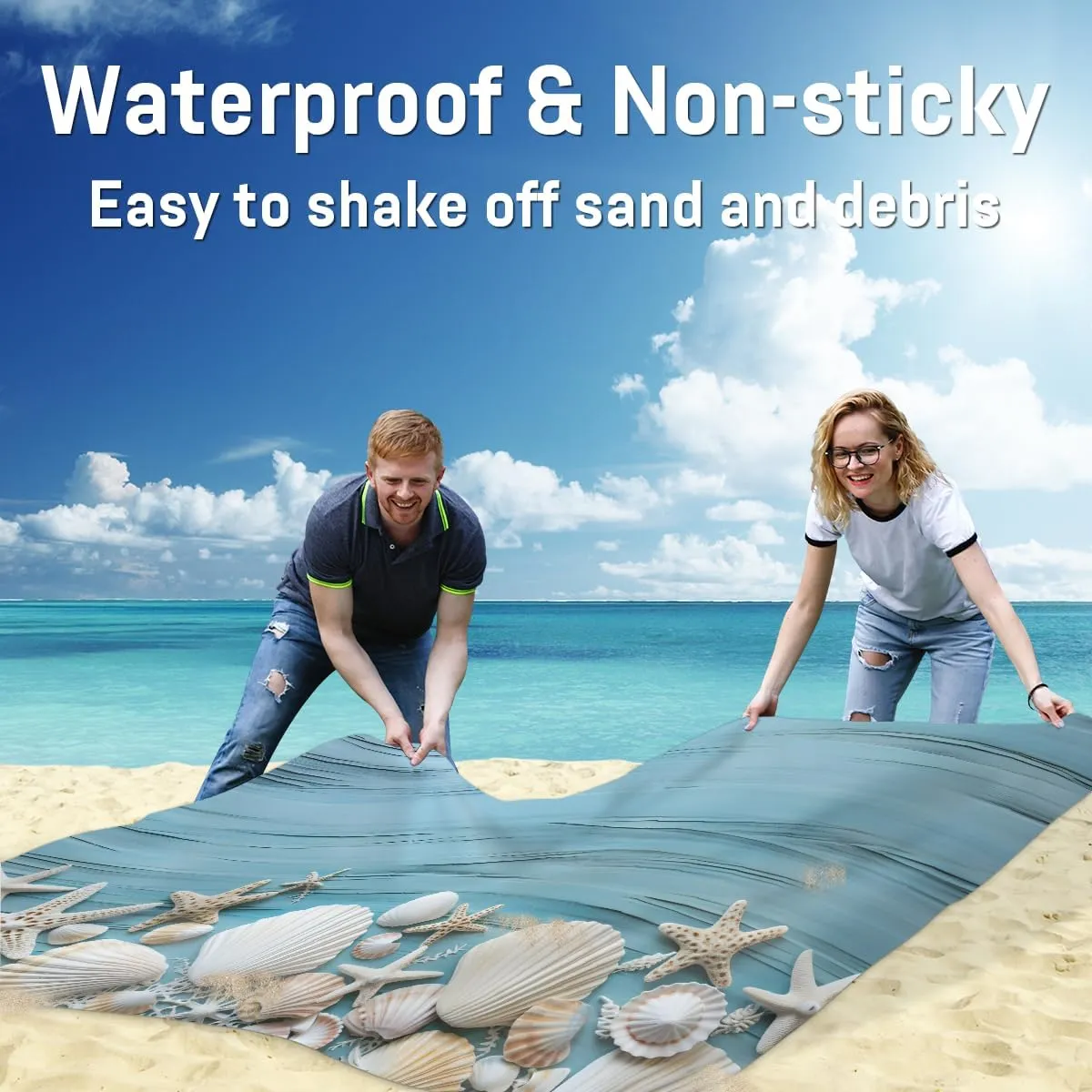 Beach Blanket, Coral Seashell Starfish Sandproof Beach Mat, Waterproof Quick Drying Sand Free Mat with 4 x Ground Spikes for Outdoor Travel Camping Hiking, Beach 68 x 59 in