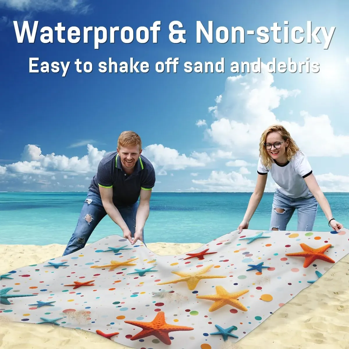 Beach Blanket, Nautical Starfish Sandproof Beach Mat, Waterproof Quick Drying Sand Free Mat with 4 x Ground Spikes for Outdoor Travel Camping Hiking, Starfish Summer 68 x 59 in