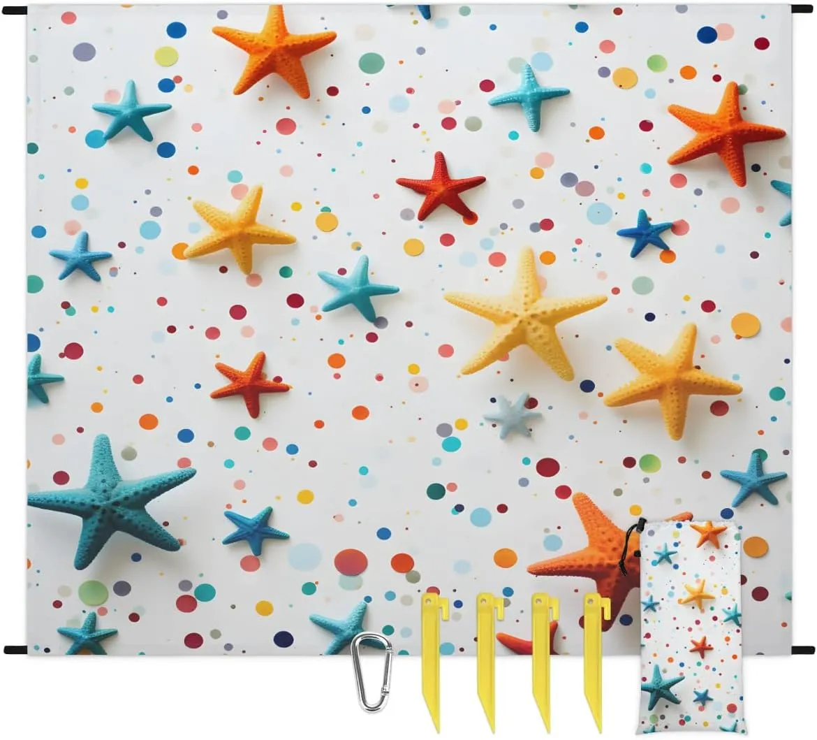 Beach Blanket, Nautical Starfish Sandproof Beach Mat, Waterproof Quick Drying Sand Free Mat with 4 x Ground Spikes for Outdoor Travel Camping Hiking, Starfish Summer 68 x 59 in
