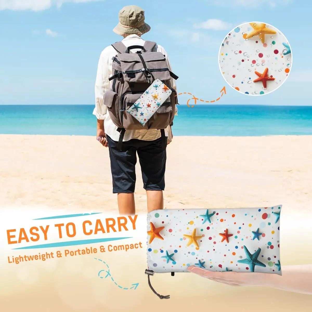 Beach Blanket, Nautical Starfish Sandproof Beach Mat, Waterproof Quick Drying Sand Free Mat with 4 x Ground Spikes for Outdoor Travel Camping Hiking, Starfish Summer 68 x 59 in