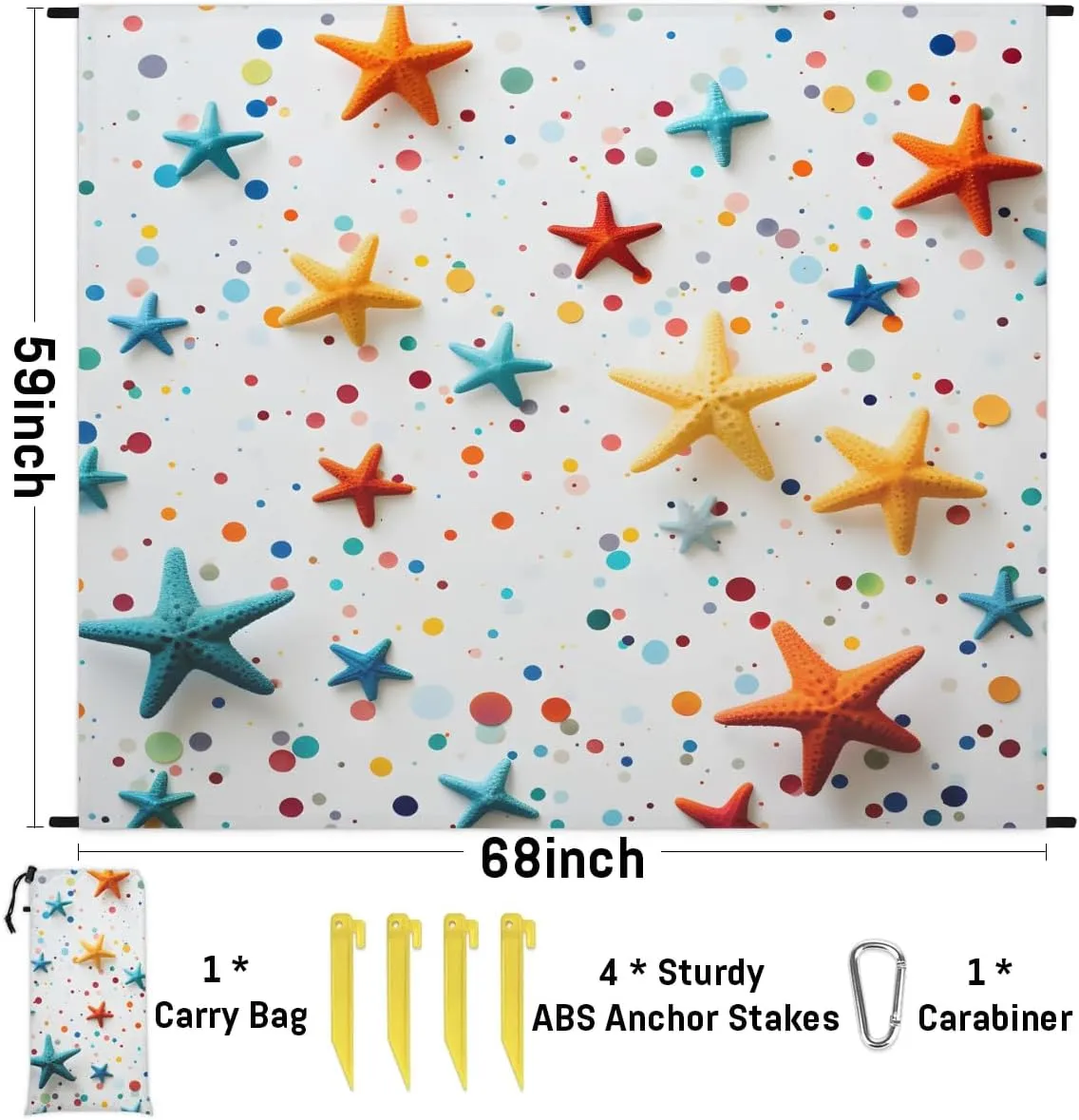 Beach Blanket, Nautical Starfish Sandproof Beach Mat, Waterproof Quick Drying Sand Free Mat with 4 x Ground Spikes for Outdoor Travel Camping Hiking, Starfish Summer 68 x 59 in