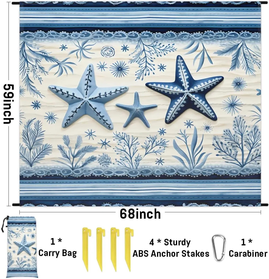 Beach Blanket, Ocean Coastal Starfish Sandproof Beach Mat, Waterproof Quick Drying Sand Free Mat with 4 x Ground Spikes for Outdoor Travel Camping Hiking, Coral Starfish Wood 68 x 59 in