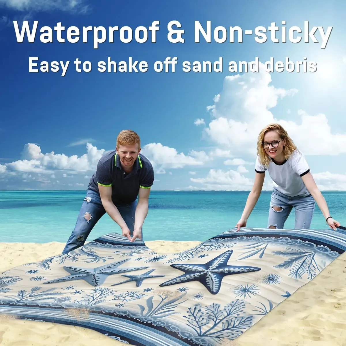 Beach Blanket, Ocean Coastal Starfish Sandproof Beach Mat, Waterproof Quick Drying Sand Free Mat with 4 x Ground Spikes for Outdoor Travel Camping Hiking, Coral Starfish Wood 68 x 59 in