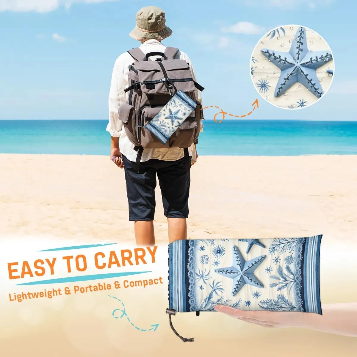 Beach Blanket, Ocean Coastal Starfish Sandproof Beach Mat, Waterproof Quick Drying Sand Free Mat with 4 x Ground Spikes for Outdoor Travel Camping Hiking, Coral Starfish Wood 68 x 59 in
