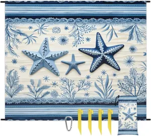 Beach Blanket, Ocean Coastal Starfish Sandproof Beach Mat, Waterproof Quick Drying Sand Free Mat with 4 x Ground Spikes for Outdoor Travel Camping Hiking, Coral Starfish Wood 68 x 59 in