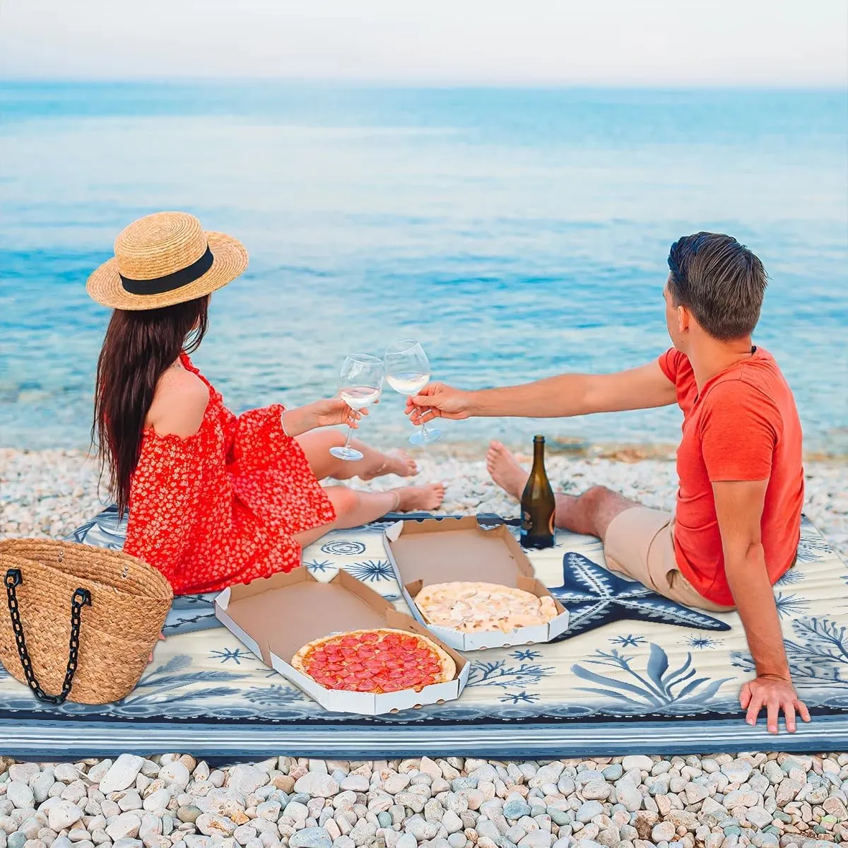 Beach Blanket, Ocean Coastal Starfish Sandproof Beach Mat, Waterproof Quick Drying Sand Free Mat with 4 x Ground Spikes for Outdoor Travel Camping Hiking, Coral Starfish Wood 68 x 59 in