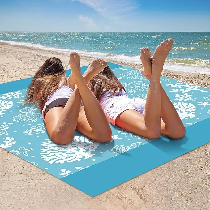 Beach Blanket Sandproof Extra Large Beach Mat Adults Waterproof Quick Drying Sand Free Mat Made by Premium Polyester with 4 Stakes & 4 Corner Pockets for Outdoor Travel Camping Hiking