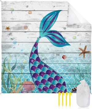 Beach Blanket Sandproof, Ocean Mermaid Shell Starfish Wooden Waterproof Beach Mat Lightweight Quick Drying Picnic Blanket Beach Essentials for Travel Camping Hiking 95x80in