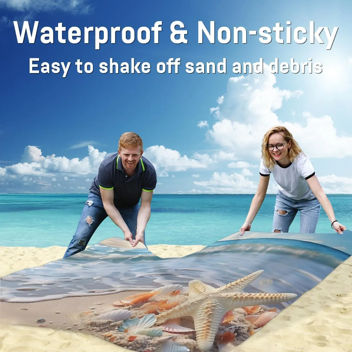 Beach Blanket, Sea Starfish Sandproof Beach Mat, Waterproof Quick Drying Sand Free Mat with 4 x Ground Spikes for Outdoor Travel Camping Hiking, Beach 68 x 59 in