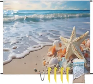 Beach Blanket, Sea Starfish Sandproof Beach Mat, Waterproof Quick Drying Sand Free Mat with 4 x Ground Spikes for Outdoor Travel Camping Hiking, Beach 68 x 59 in