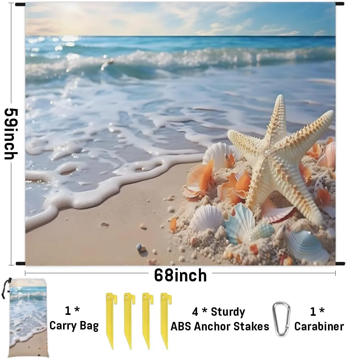 Beach Blanket, Sea Starfish Sandproof Beach Mat, Waterproof Quick Drying Sand Free Mat with 4 x Ground Spikes for Outdoor Travel Camping Hiking, Beach 68 x 59 in