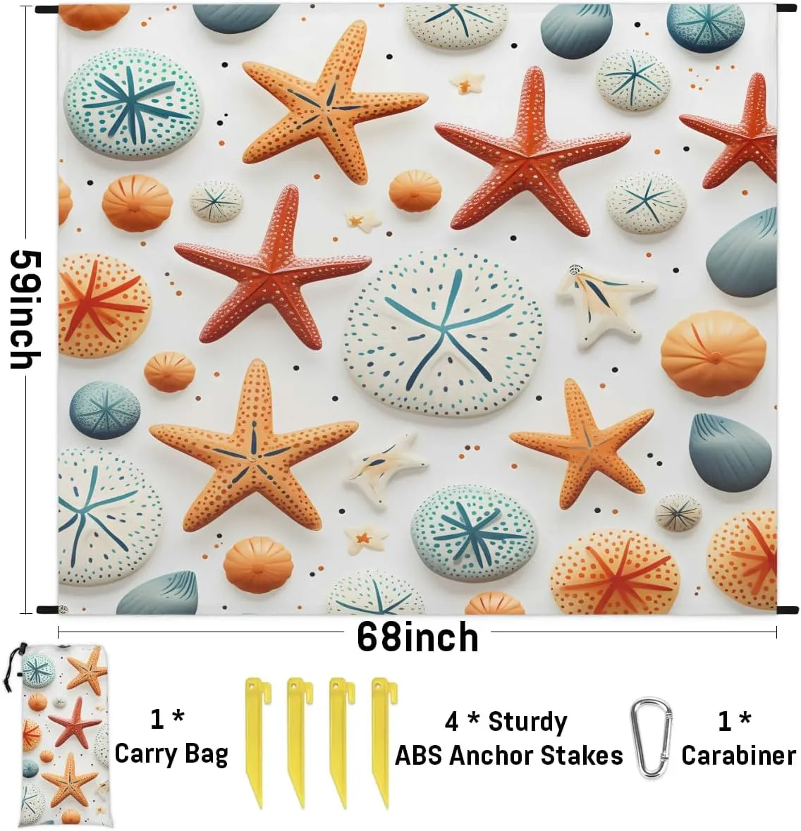 Beach Blanket, Starfish Summer Sandproof Beach Mat, Waterproof Quick Drying Sand Free Mat with 4 x Ground Spikes for Outdoor Travel Camping Hiking, Tropical Seashell 68 x 59 in