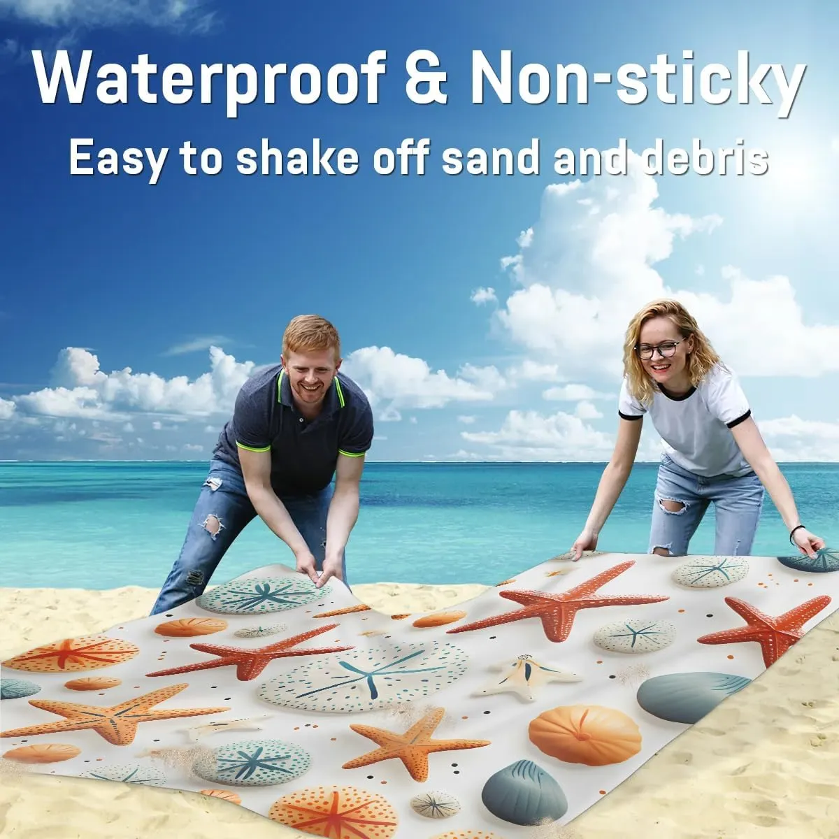 Beach Blanket, Starfish Summer Sandproof Beach Mat, Waterproof Quick Drying Sand Free Mat with 4 x Ground Spikes for Outdoor Travel Camping Hiking, Tropical Seashell 68 x 59 in
