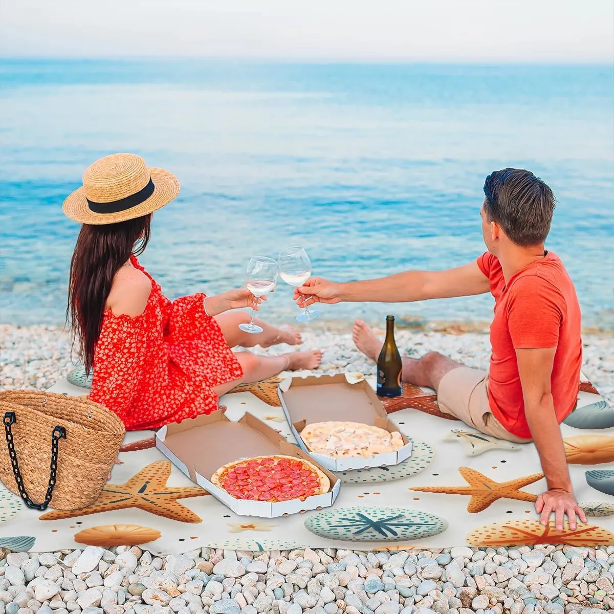 Beach Blanket, Starfish Summer Sandproof Beach Mat, Waterproof Quick Drying Sand Free Mat with 4 x Ground Spikes for Outdoor Travel Camping Hiking, Tropical Seashell 68 x 59 in