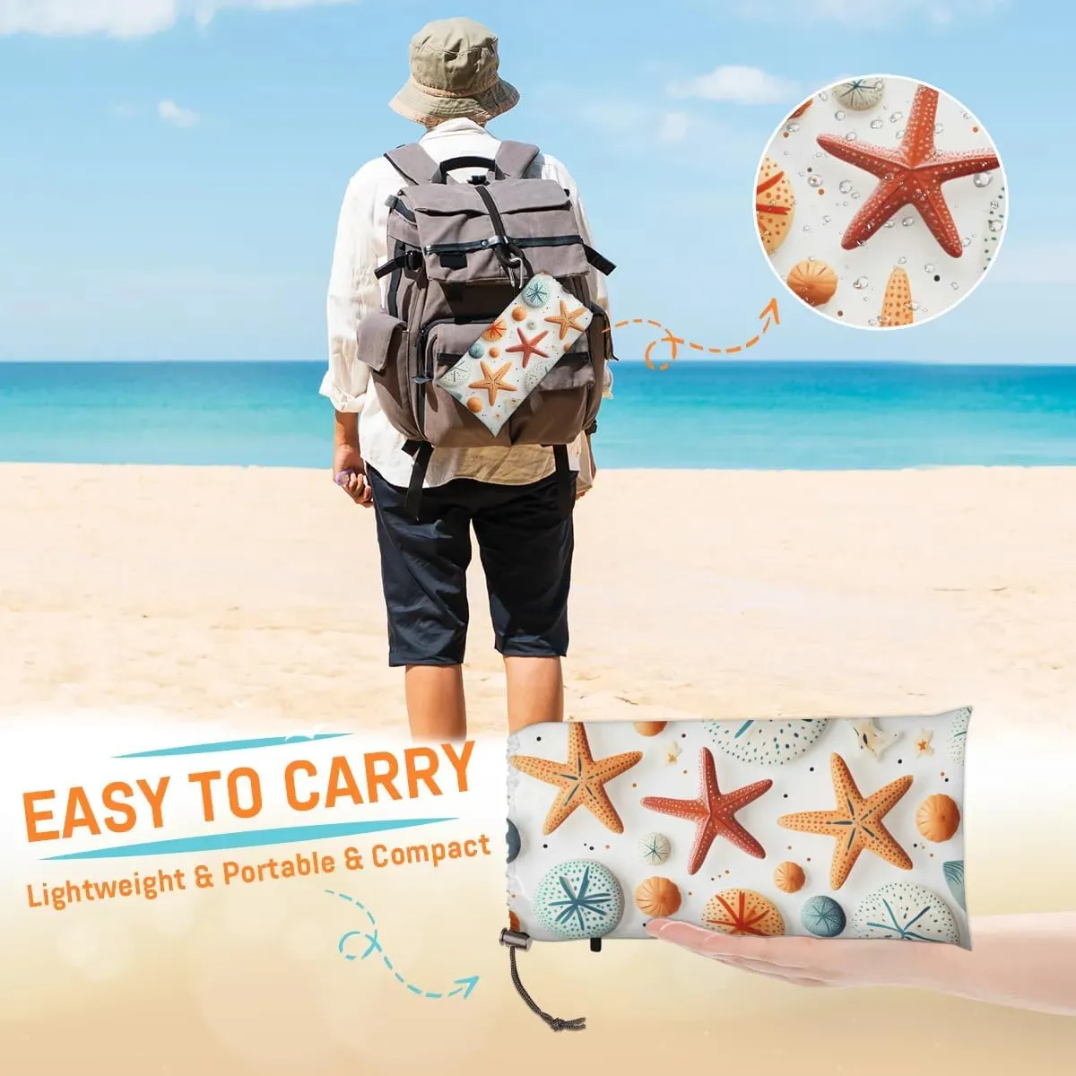 Beach Blanket, Starfish Summer Sandproof Beach Mat, Waterproof Quick Drying Sand Free Mat with 4 x Ground Spikes for Outdoor Travel Camping Hiking, Tropical Seashell 68 x 59 in