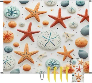 Beach Blanket, Starfish Summer Sandproof Beach Mat, Waterproof Quick Drying Sand Free Mat with 4 x Ground Spikes for Outdoor Travel Camping Hiking, Tropical Seashell 68 x 59 in