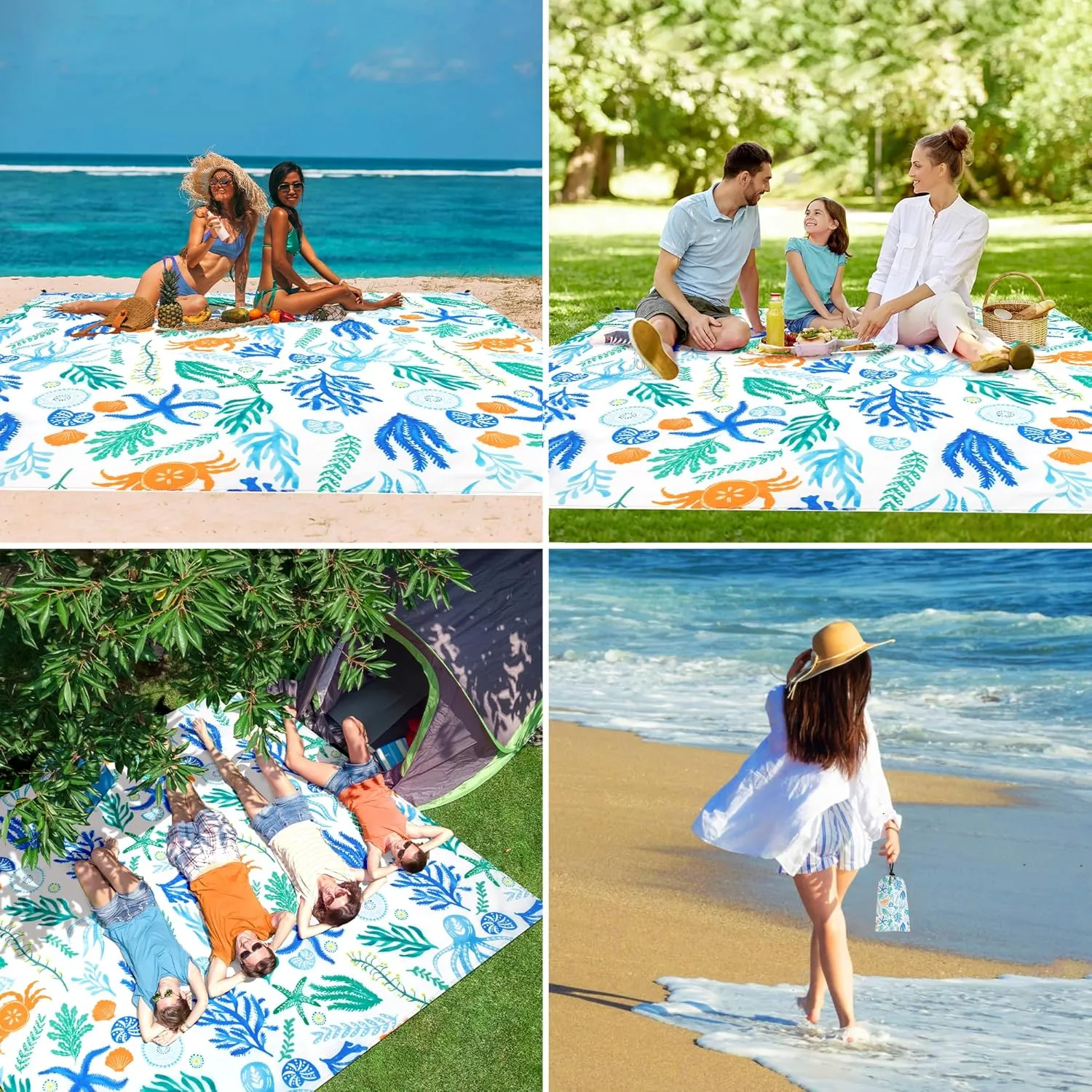 Beach Blanket Waterproof Sandproof Oversized, 110''×118'' Extra Large Beach Mat Sand Free, Lightweight Compact Foldable Picnic Blanket w/ 4 Stakes & Pockets for Camping, Travel, Beach Accessories