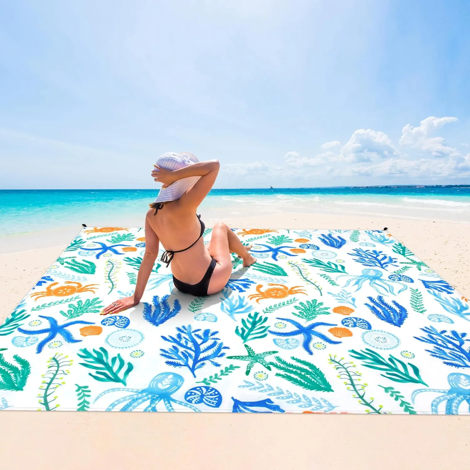 Beach Blanket Waterproof Sandproof Oversized, 110''×118'' Extra Large Beach Mat Sand Free, Lightweight Compact Foldable Picnic Blanket w/ 4 Stakes & Pockets for Camping, Travel, Beach Accessories