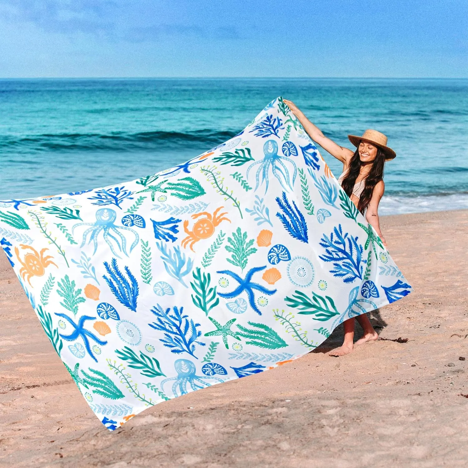 Beach Blanket Waterproof Sandproof Oversized, 110''×118'' Extra Large Beach Mat Sand Free, Lightweight Compact Foldable Picnic Blanket w/ 4 Stakes & Pockets for Camping, Travel, Beach Accessories